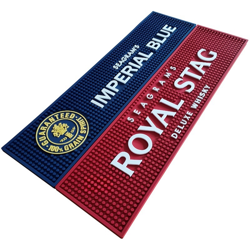 Custom rubber bar spill mat with printed logo on a bar surface