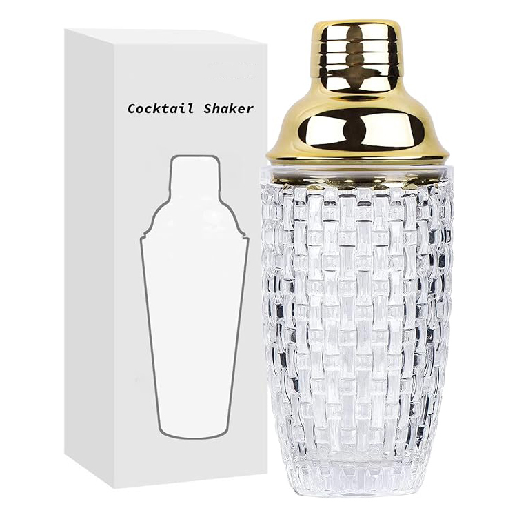 Three-piece cobbler cocktail shaker with built-in strainer and cap, glass body