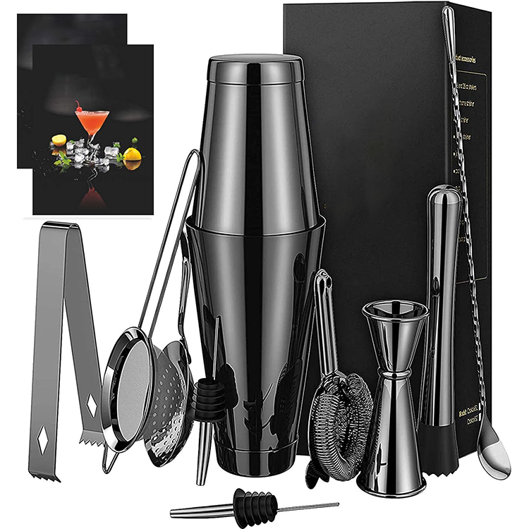 Professional stainless steel bartender kit with cocktail shaker and jigger in gift set