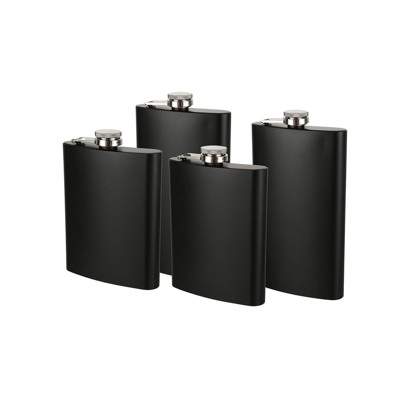 Matte black stainless steel hip flask with custom logo