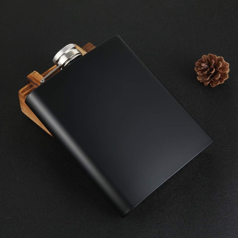 Black leather wrapped stainless steel hip flask