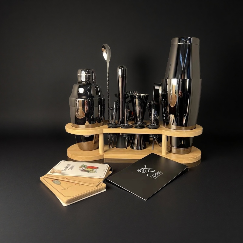 15-piece stainless steel travel bartender kit in a zippered carrying bag