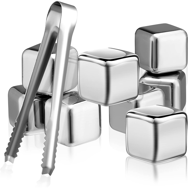 Reusable stainless steel ice cubes stored in a tray for freezer organization