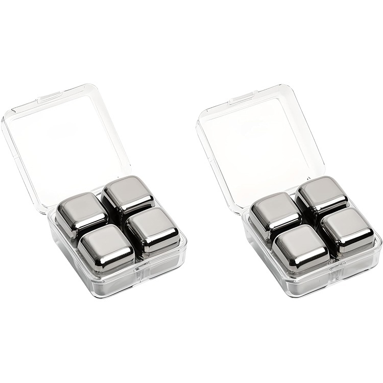 Custom laser-engraved logo on reusable stainless steel whiskey chilling cubes