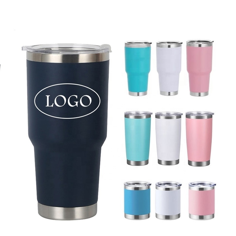 30oz powder coated stainless steel travel tumbler with lid