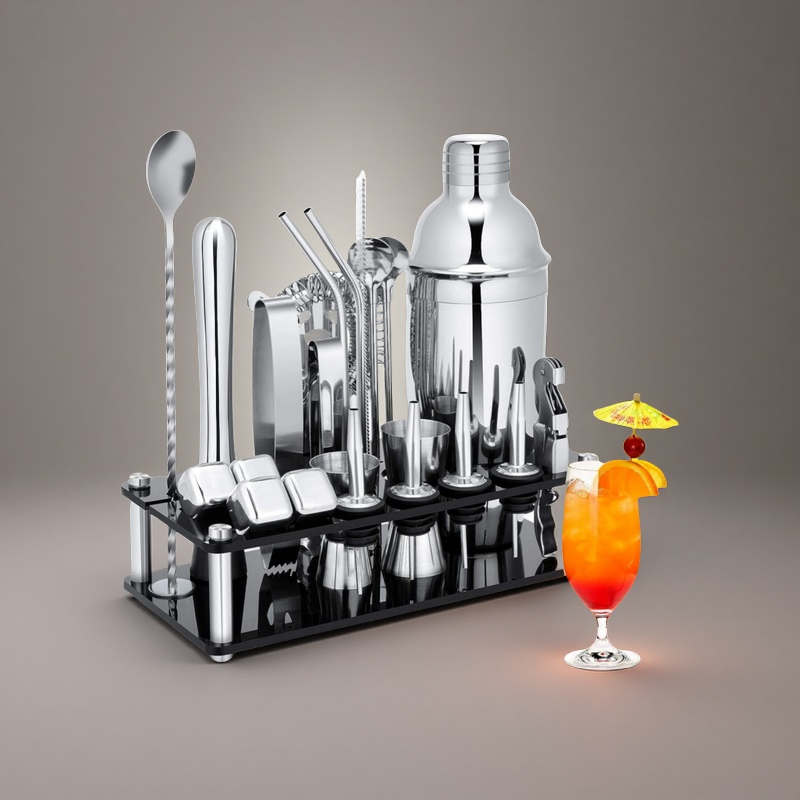 Stainless steel whiskey bar tool set with cocktail shaker and accessories
